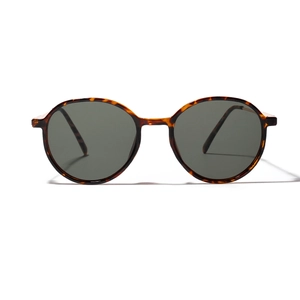 Classic round sunglasses in dark leopard tortoiseshell finish with grey polarized lenses