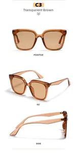 Detailed views of transparent tea square sunglasses with thick frames from three angles