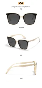 Front and side views of beige square sunglasses featuring dark grey lenses and metal dots