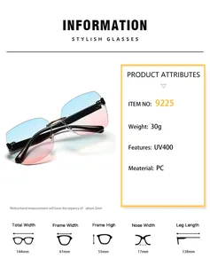 Detailed size chart for square rimless sunglasses showing frame dimensions and UV400 specs