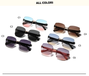 Detailed flat lay of six rimless square sunglasses in gradient colors with metal temples