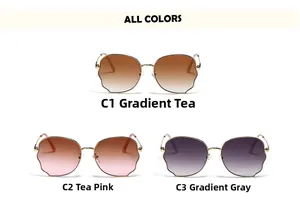 Detailed view of oversized wavy sunglasses in gradient brown, tea pink and grey metal frames
