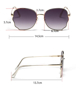 Detailed measurement view of oversized butterfly sunglasses with purple gradient lenses