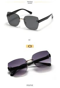 Detail of rimless square sunglasses with diamond-cut lenses and sleek metal nose bridge