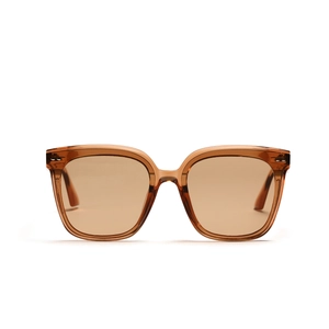 Fashionable beige square sunglasses with amber translucent frames for stylish outdoor wear