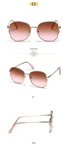 Three views of butterfly metal frame sunglasses with gradient tea pink lenses