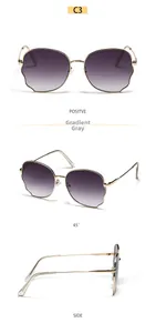 Three views of gold butterfly sunglasses with gradient lenses and petal-shaped metal frames