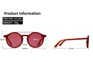 Detailed dimensions of retro double-bridge sunglasses with red lenses and 30g weight specs