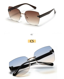 Detailed view of oversized rimless sunglasses featuring diamond cut lenses in gradient colors