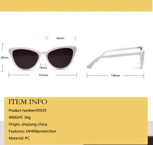 Size chart for cat eye sunglasses detailing lens width, frame height, and UV400 protection