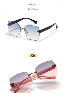 Detail of square rimless sunglasses with gradient lenses and diamond-cut edges