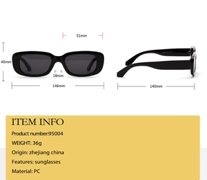 Detailed size specifications for square frame sunglasses with measurements and technical info