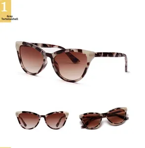 Detail view of grey tortoiseshell cat eye sunglasses with gradient brown lenses