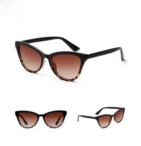 Detailed views of cateye sunglasses featuring black and tortoiseshell frames with brown lenses