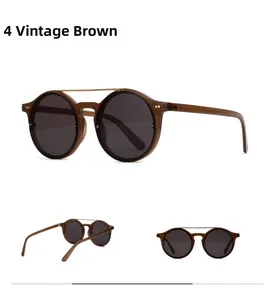Retro round double-bridge sunglasses in brown frame with grey lenses from multiple angles