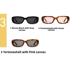 Three pairs of rectangular sunglasses in black and tortoiseshell finishes with tinted lenses