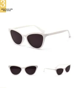Detail view of white cat eye sunglasses with grey lenses from three different angles