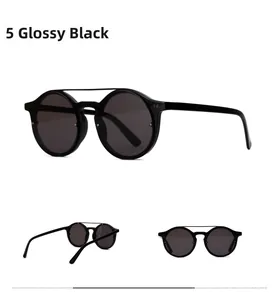 Glossy black retro double bridge sunglasses with round frames showing multi-angle views