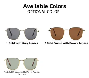 Three variants of metal frame sunglasses with gray, tea, and dark green lens colors