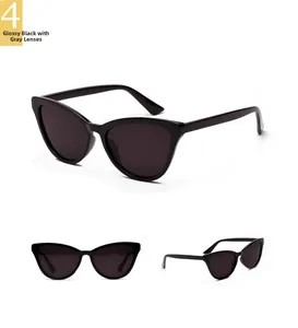 Three-angle views of glossy black cat-eye sunglasses with dark grey lenses in detail
