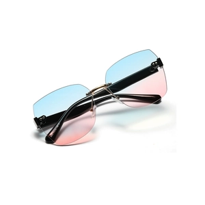 Frameless square sunglasses with blue-pink gradient lenses and gold bridge detail
