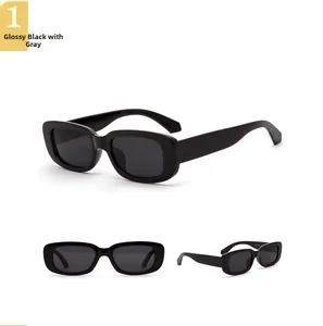 Three-way view of retro small rectangular sunglasses in bright black with grey lenses