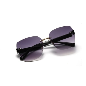 Square rimless oversized sunglasses with purple gradient lenses and gold metal bridge