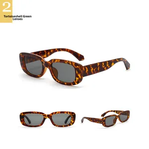 Three-angle view of vintage rectangle tortoiseshell sunglasses with dark green lenses