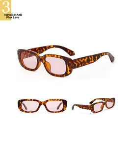 Three-angle views of retro tortoise square sunglasses with transparent pink lenses