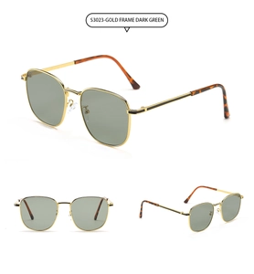 Detailed views of vintage square sunglasses with gold metal frame and dark green lenses