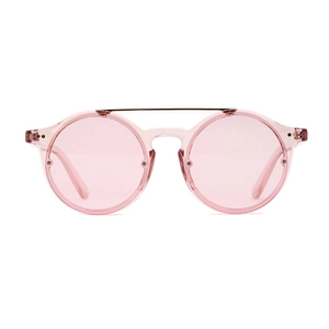 Stylish retro pink transparent round sunglasses with double-bridge metal beam design