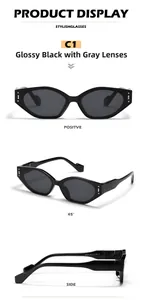 Vues détaillées de lunettes de soleil œil-de-chat noires avec marquages de taille sur la branche