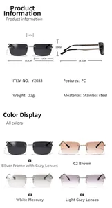 Detailed technical diagram and size specifications for rectangular metal frame sunglasses
