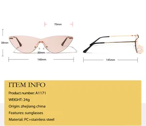 Detailed size chart with dimensions for rimless cat-eye pink sunglasses with gold temples