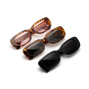 Three pairs of vintage rectangle sunglasses in tortoise shell and black on white background