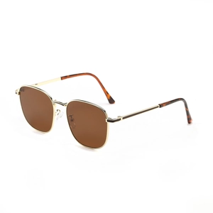 Retro square oversized metal sunglasses with gold frame and brown lenses at a 45-degree angle