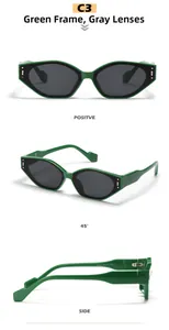 Trois vues de lunettes de soleil œil de chat vert vif avec verres gris et marquage CE