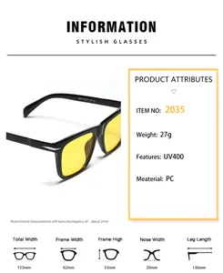Detailed size chart for retro square sunglasses with UV400 and PC frame measurements