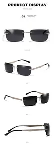 Detailed views of rimless rectangular grey sunglasses with sleek silver metal temples