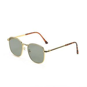 Retro square metal sunglasses with gold frame and dark green lenses in top view