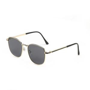 Classic gold metal square frame sunglasses with dark grey lenses in 45-degree side view