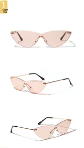 Three-view detail of rimless cat-eye sunglasses with tea lenses and gold metal temples