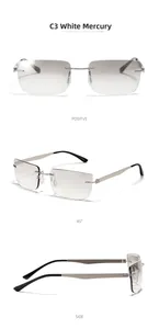 Three-view detail of silver futuristic square sunglasses with gradient grey lenses