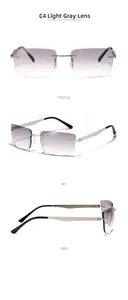 Three-view display of futuristic rimless sunglasses with light gray gradient lenses and silver arms