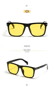 Front and side view of square oversized sunglasses with black frames and yellow lenses
