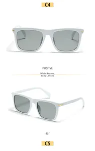 Front and 45-degree views of square white frame sunglasses with grey resin lenses