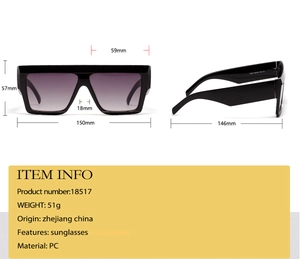 Detailed dimension chart showing frame height and width for square frame sunglasses