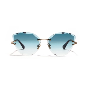 Gafas de sol cat-eye sin montura con lentes degradadas azules y montura de metal dorado