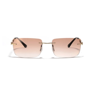 Futuristic square rimless sunglasses with gold metal frame and brown gradient lenses