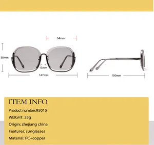 Detailed size chart for oversized square sunglasses showing frame dimensions and materials
